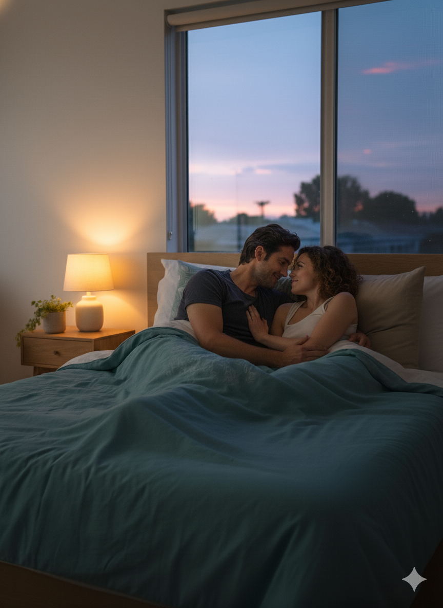 Ein Paar liegt gl&uuml;cklich im Bett